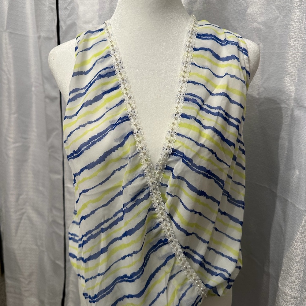 Verty Blue and Yellow Striped Wrap Blouse